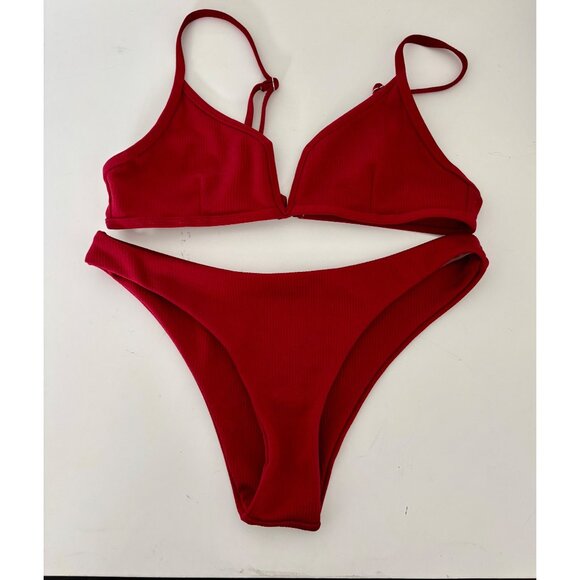 Ribbed Swimsuit 6 Bikini Plunge Neckline Athleisure Minimalist Chic Coquette - Picture 10 of 14